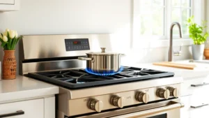 Modern stainless steel 36-inch gas range in bright kitchen with pot on burner, blue flame visible, natural light streaming through window, sustainable living environment