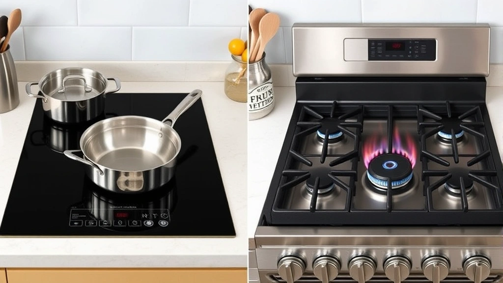 Split comparison image: left side shows induction cooktop with cookware, right side shows gas range burners, both cooking simultaneously, clean kitchen setting