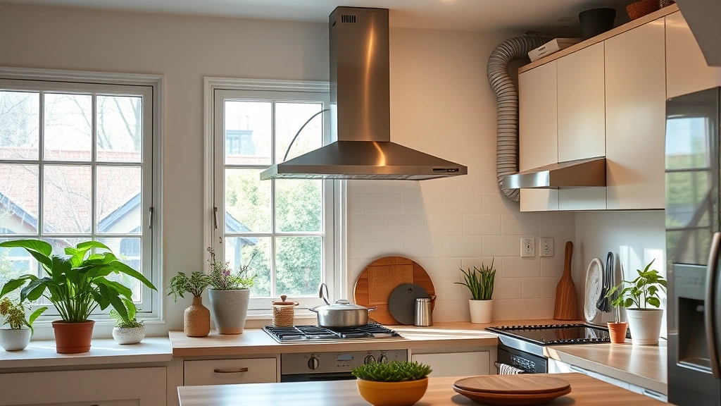 Family kitchen scene with range hood venting to exterior, proper ventilation system visible, plants on windowsill, eco-conscious home interior design