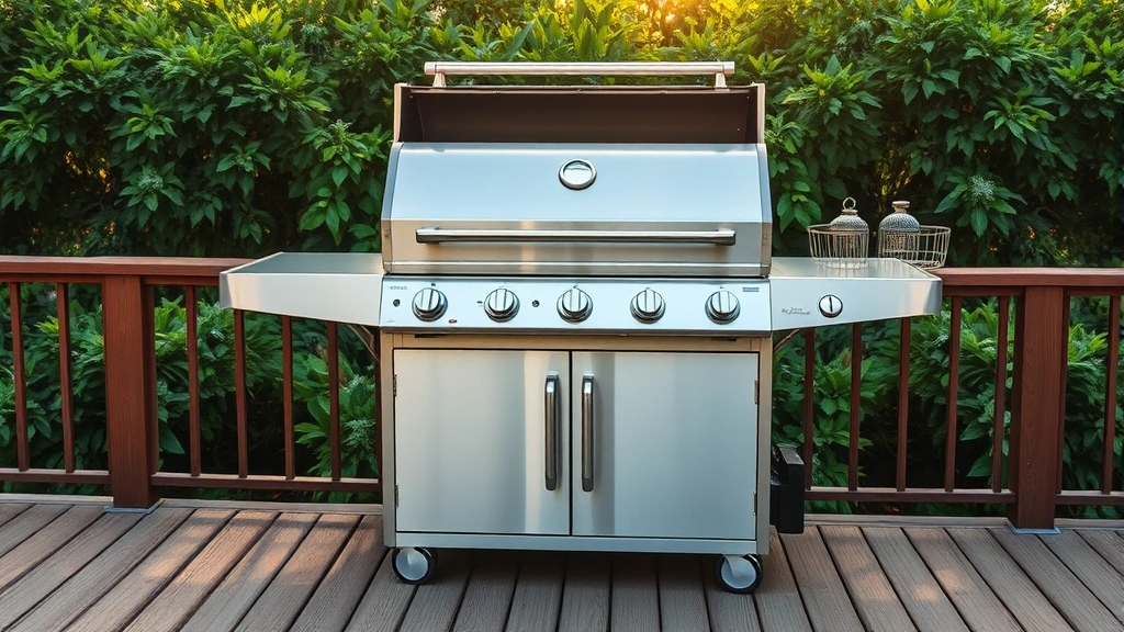 Modern stainless steel 4-burner gas grill on wooden deck with lush green garden background, morning sunlight reflecting off grill surface, sustainable outdoor living space