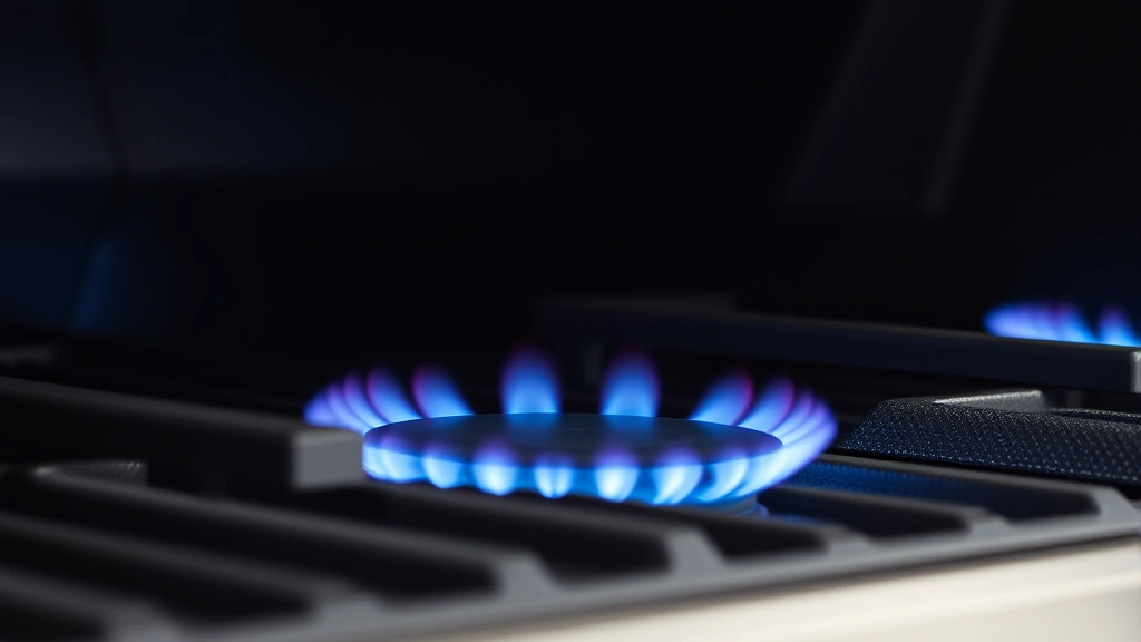 Close-up of gas grill burners igniting with blue flame, showing combustion efficiency and modern burner design technology against dark interior