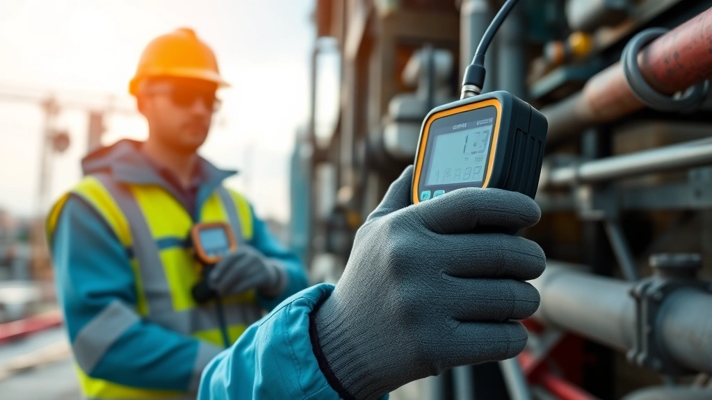 Professional worker in safety equipment using portable gas detection monitor on industrial worksite, showing digital display readings, outdoor construction environment with clear sky, realistic lighting, safety focus