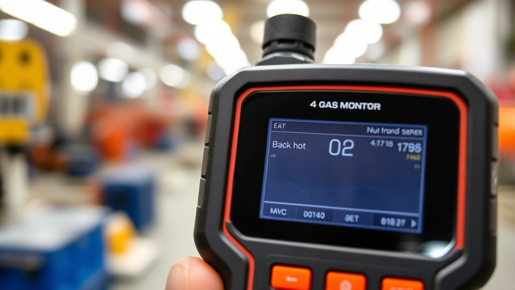 Close-up of 4-gas monitor device with visible sensor compartment and digital display screen showing gas concentration readings, handheld portable equipment, industrial workplace setting, detailed sensor technology view