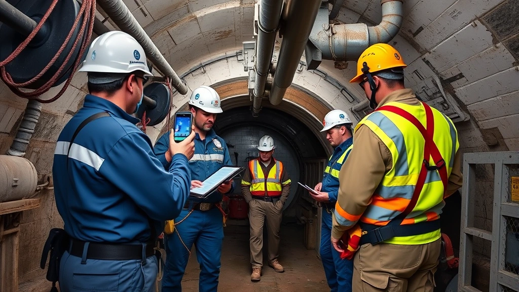 Team of safety professionals conducting atmospheric testing before confined space entry, workers wearing harnesses and safety gear, monitor readings being verified, underground vault or tank interior, professional safety protocol execution