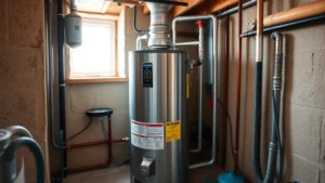 Modern 40 gallon stainless steel gas water heater in a basement utility room with proper venting, surrounded by pipes and insulation, natural daylight from window