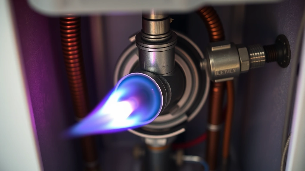 Close-up of water heater interior showing heat exchanger and burner assembly with blue flame ignition, professional industrial photography