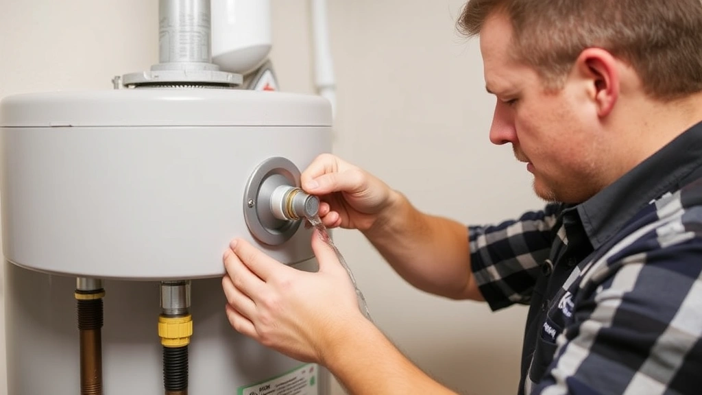 Technician performing annual maintenance on gas water heater, flushing sediment from drain valve with clear water flowing, showing proper maintenance procedure