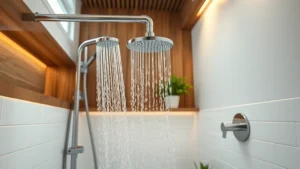 Photorealistic modern bathroom with sleek chrome showerhead dispensing water, warm lighting, contemporary white tiles and wood accents, sustainable home interior aesthetic