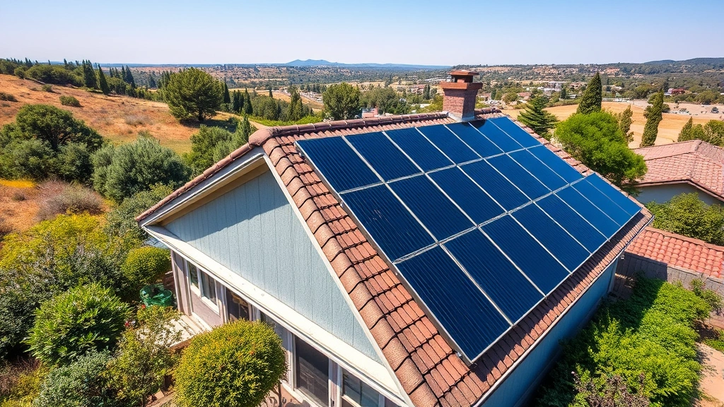 Aerial view of residential rooftop with solar water heating panels installed, surrounded by green vegetation and natural landscape, bright sunny day with clear blue sky