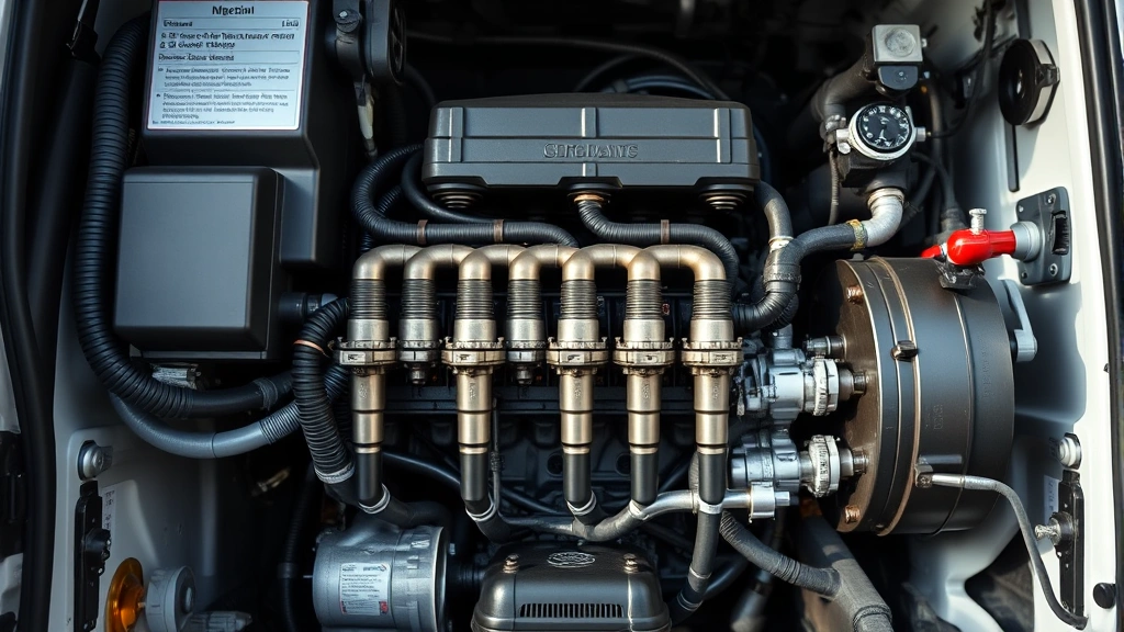 Modern diesel engine bay showing fuel injectors and injection system components in a commercial van, professional automotive photography, natural lighting highlighting engine cleanliness and precision engineering