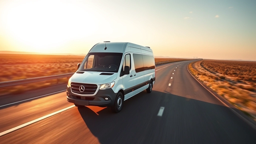 Overhead view of a white T1N Sprinter-style van on an open highway with long straight road stretching to horizon, demonstrating aerodynamic profile and fuel-efficient cruising, golden hour lighting