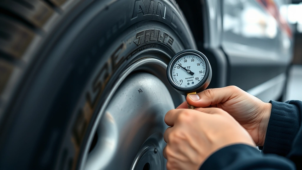 Close-up of vehicle tire pressure gauge being checked on a commercial van tire, showing proper PSI maintenance, hands performing maintenance against blurred van background, professional automotive maintenance setting