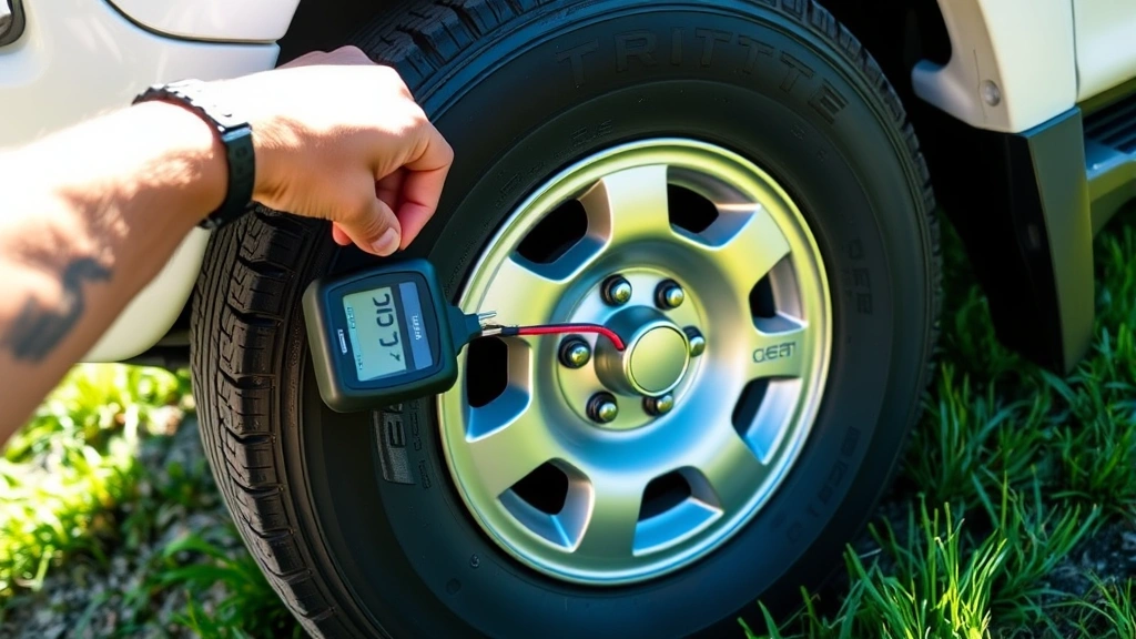 Close-up of a Toyota 4Runner's tire being checked with a pressure gauge, showing proper inflation technique on a sunny day with natural lighting and green grass background