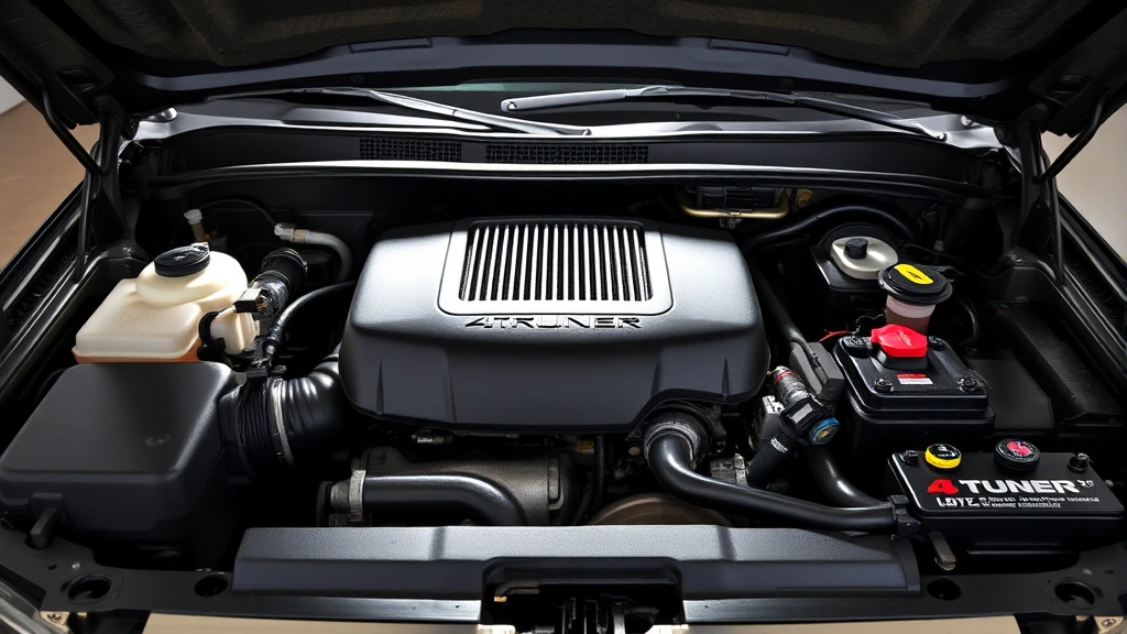 Under-hood view of a clean 4Runner engine with visible air filter and spark plugs, demonstrating well-maintained engine components with bright professional lighting