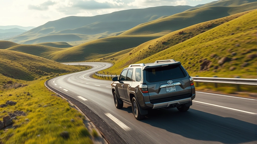 Aerial view of a Toyota 4Runner driving smoothly on a curved highway through rolling green hills, showing fuel-efficient steady-state driving conditions with minimal traffic