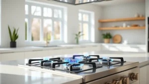 Modern stainless steel 5 burner gas stove with blue flames in a bright contemporary kitchen, minimalist design, natural daylight through windows, no people visible, eco-conscious home setting