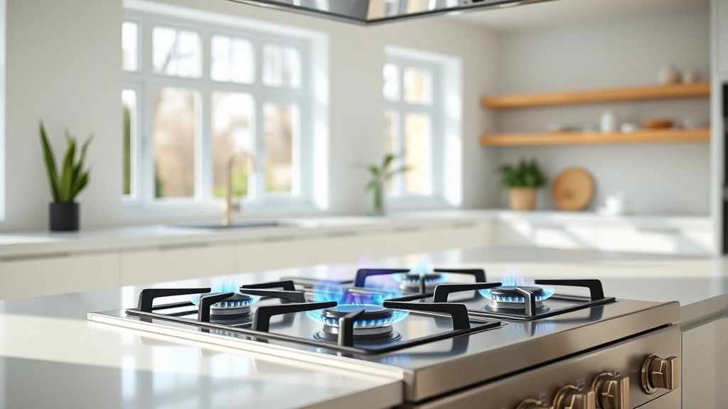 Modern stainless steel 5 burner gas stove with blue flames in a bright contemporary kitchen, minimalist design, natural daylight through windows, no people visible, eco-conscious home setting