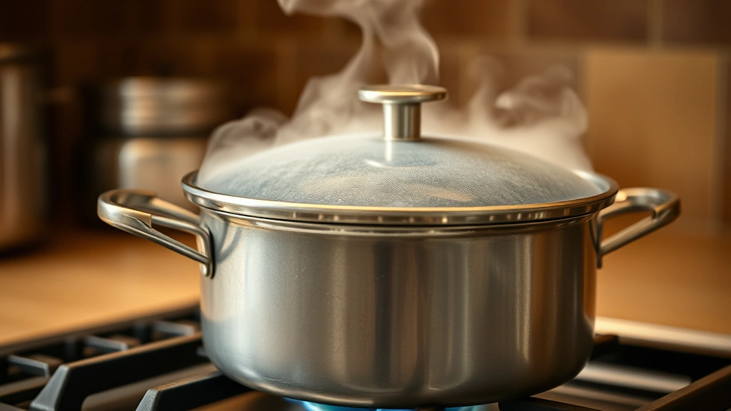 Close-up of pot with lid on gas burner flame, steam rising, quality cookware demonstrating efficient cooking technique, sustainable kitchen practice, warm kitchen lighting