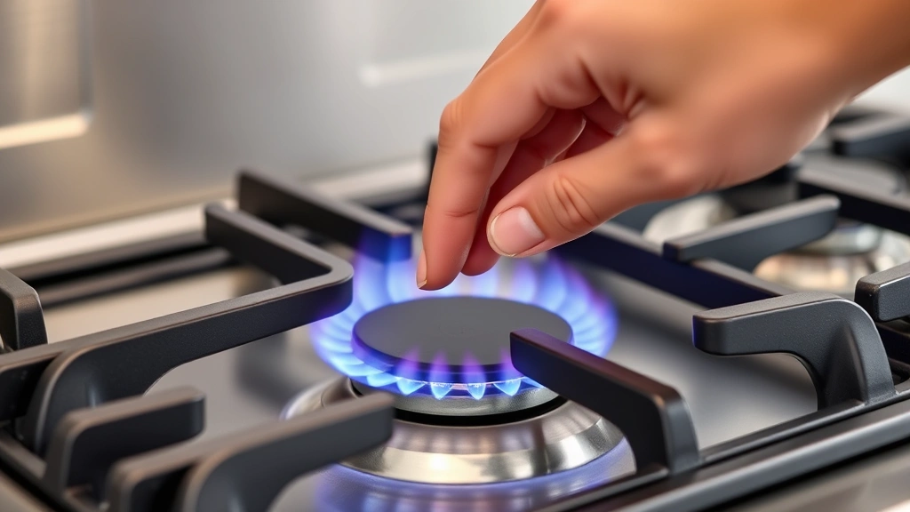 Hands adjusting gas burner dial to simmer setting, precise flame control, professional cooking environment, stainless steel burner detail, energy-efficient cooking demonstration