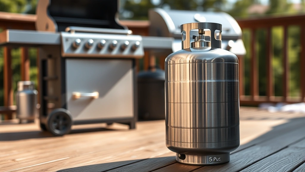 Close-up of a shiny stainless steel 5-pound propane tank sitting upright on a wooden deck next to a modern propane grill, natural sunlight casting shadows, evergreen trees blurred in background, professional product photography style