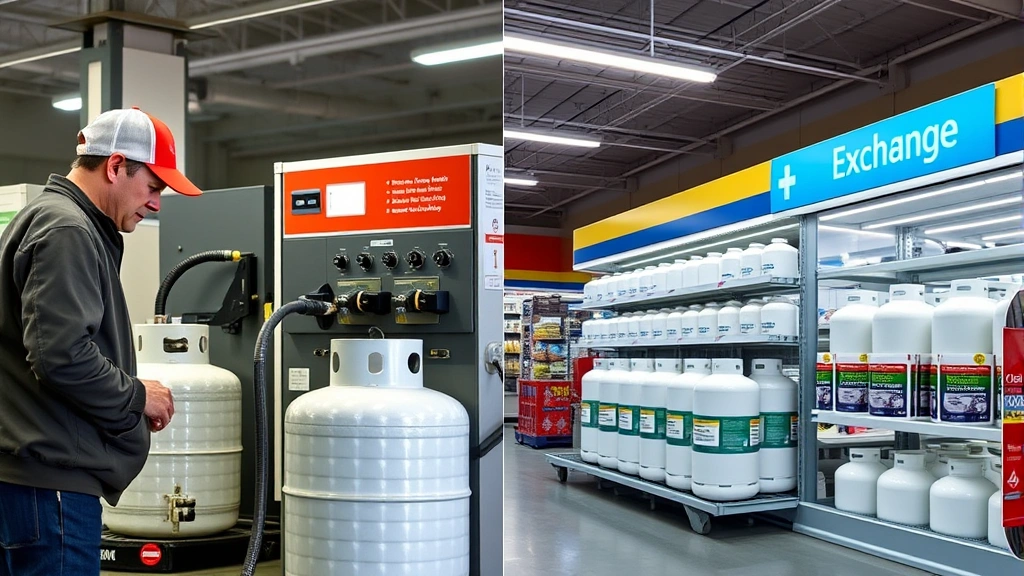 Split-screen comparison: left side shows a customer at a refill station with a technician filling a propane tank using specialized equipment; right side shows a convenience store exchange station with full tanks displayed on shelves, bright retail lighting