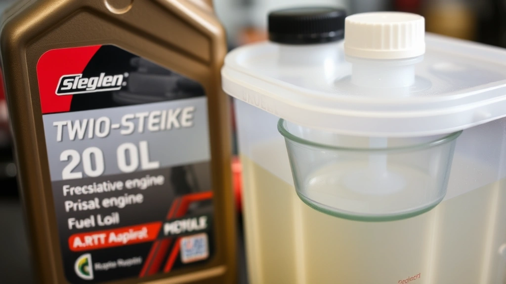 Close-up of synthetic two-stroke engine oil bottle next to fuel container with precision measuring cup, demonstrating proper fuel mixture preparation techniques in well-organized workshop