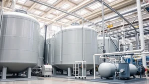 Industrial gas separation facility with large cylindrical tanks and piping systems, showing modern manufacturing equipment in a clean, organized industrial setting with natural lighting, no text or labels visible