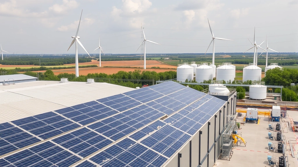 Renewable energy powered industrial facility with solar panels on roof and wind turbines in background, connected to modern gas production equipment and storage tanks, demonstrating clean energy integration