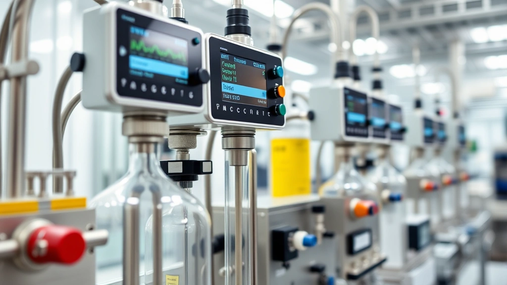 Close-up of precision gas blending equipment and monitoring systems in a modern laboratory or production facility, showing digital displays and control interfaces, sterile environment with professional equipment setup