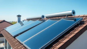 Modern residential rooftop with solar thermal collectors capturing sunlight for water heating, clean installation with blue sky background, no text or labels visible
