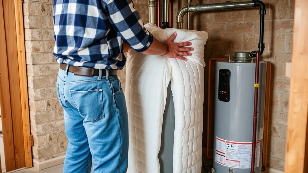Technician wrapping white foam insulation blanket around large residential water heater tank in basement utility room, hands visible performing installation work