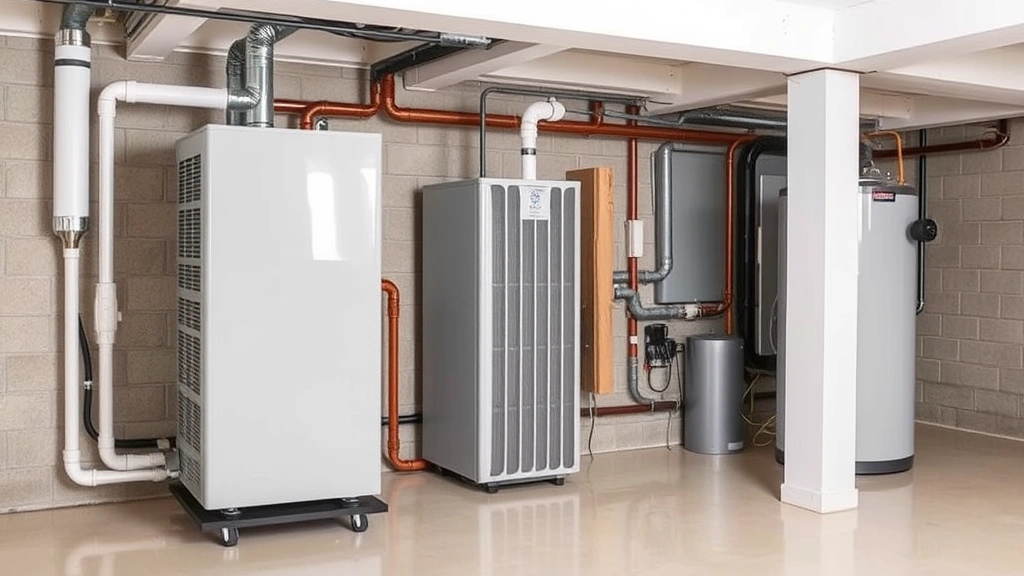 Residential electric heat pump water heater unit installed in finished basement with surrounding utility infrastructure, modern appliance design, bright clean space