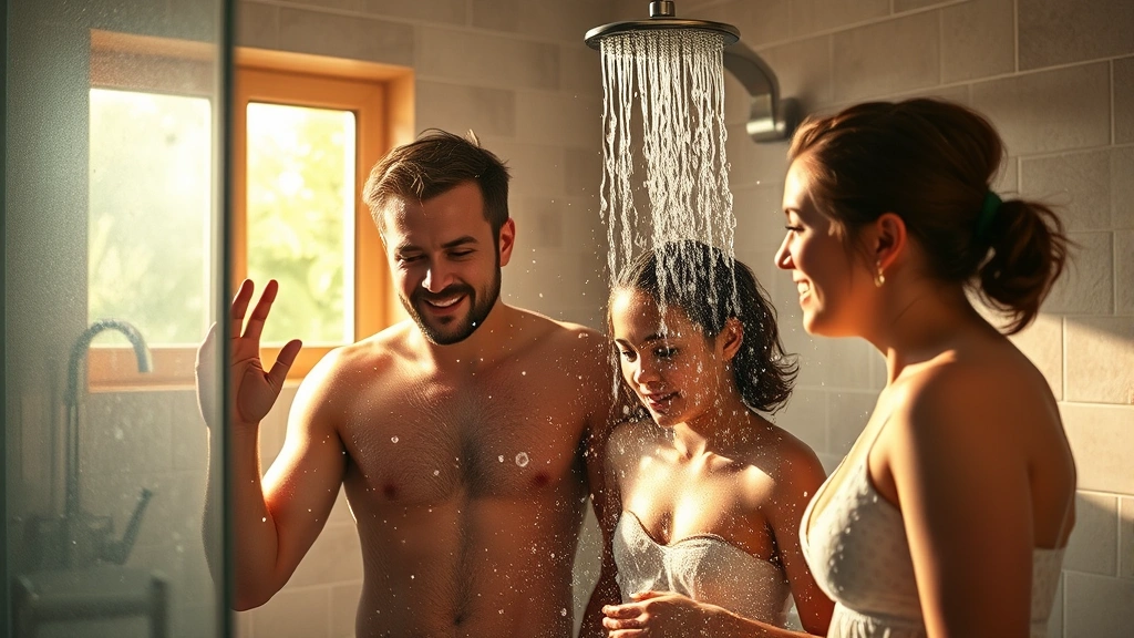 Family taking quick shower with water droplets and steam, eco-conscious bathroom environment, warm natural lighting from window, sustainable living setting, photorealistic