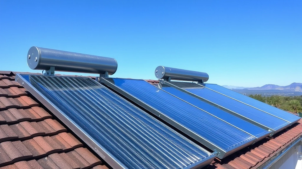 Solar thermal water heating panels mounted on residential roof with clear blue sky, showing metallic collector surfaces and mounting hardware, mountains or trees in distant background, photorealistic landscape