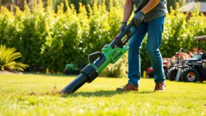 Professional landscaper operating modern electric leaf blower on green lawn, vibrant natural daylight, no visible people faces, focused on equipment and sustainable practice