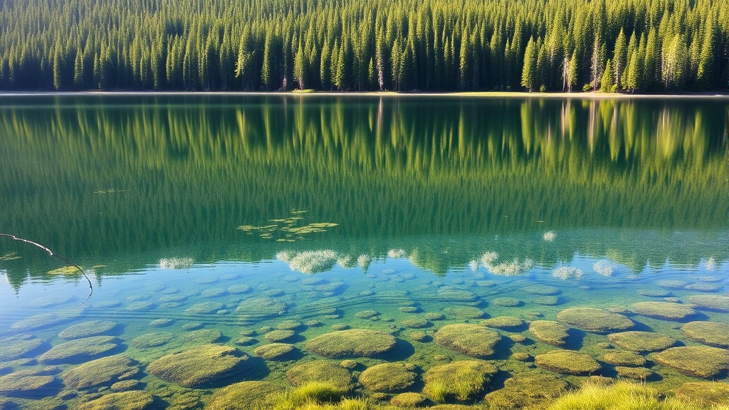 Pristine lake or water body with forest reflection, emphasizing clean water ecosystem, morning sunlight, no people or equipment visible, representing protected aquatic environments