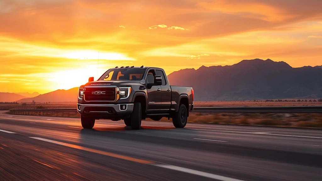 Heavy-duty pickup truck driving on open highway at sunset with mountains in background, showing fuel-efficient driving scenario, photorealistic professional automotive photography