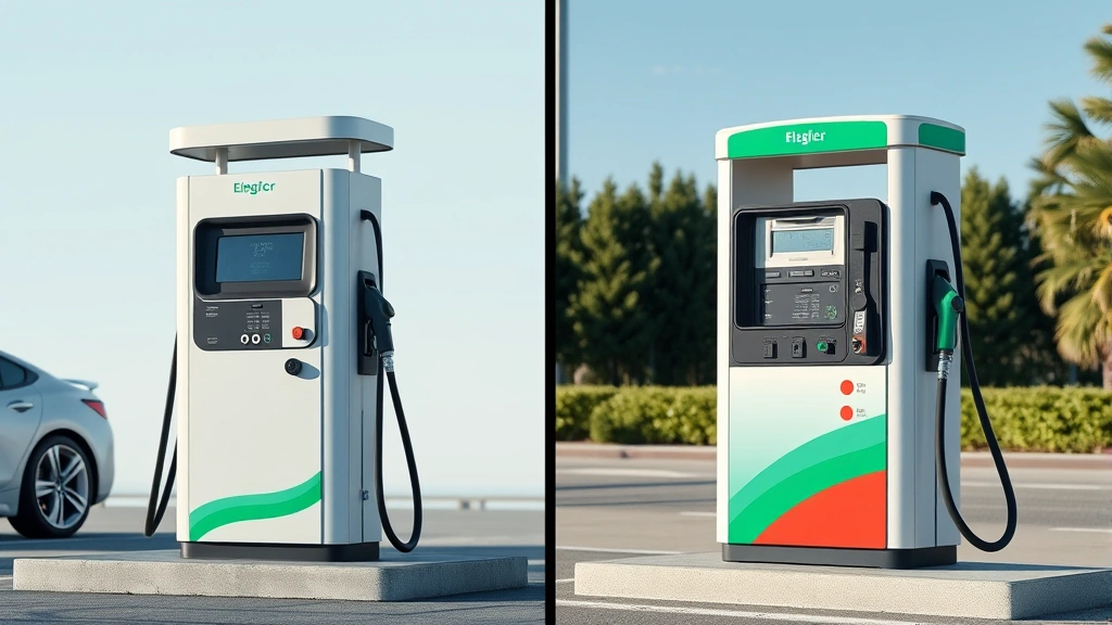 Split screen comparison showing electric charging station on left and traditional gas pump on right, representing sustainable transportation alternatives, clean modern infrastructure photography