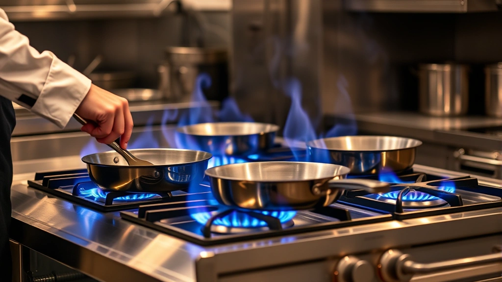 Professional chef working with blue flame burners on a stainless steel 6-burner gas stove, demonstrating precise flame adjustment with multiple pans cooking simultaneously in a modern kitchen