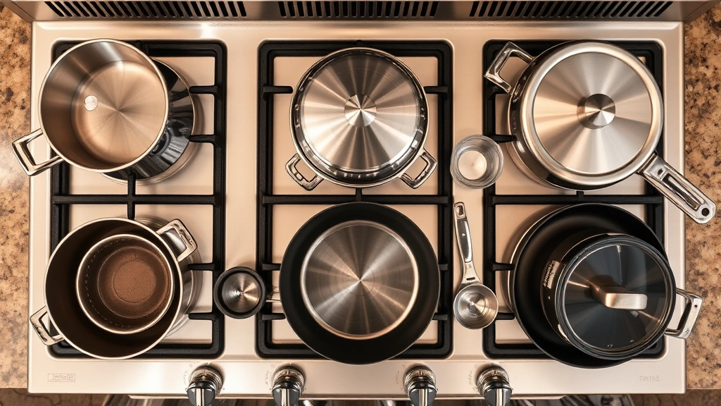 Overhead view of diverse cookware—stainless steel pots, cast iron skillets, glass containers—arranged on various sized burners of a 6-burner gas range, showing proper cookware-to-burner matching