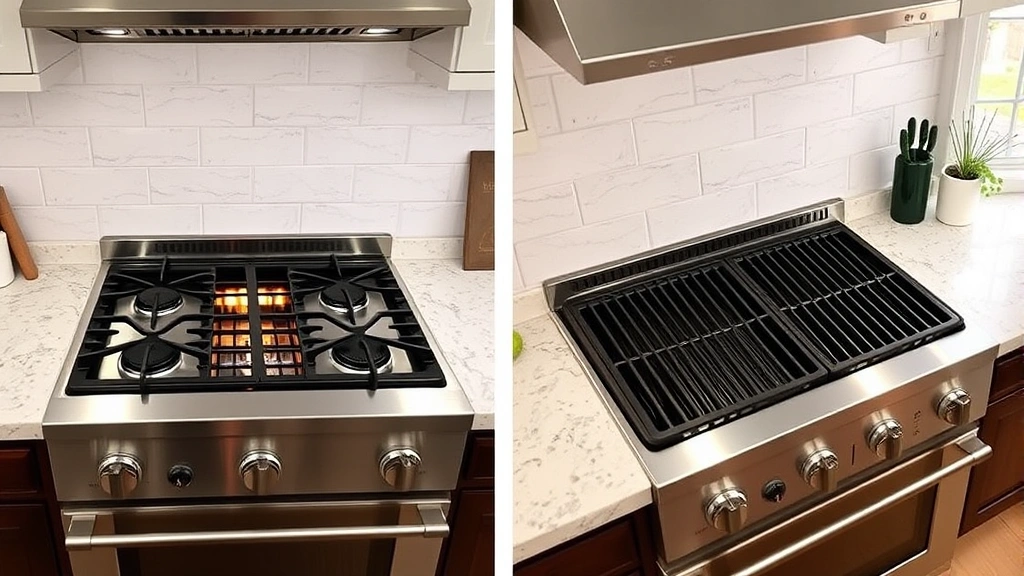 Split-screen comparison: left side shows traditional sealed burner design with flames underneath grates, right side displays modern continuous grates with efficient heat distribution, both in contemporary kitchen settings