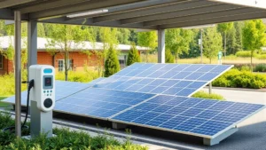 Solar panels and electric vehicle charging station in modern sustainable facility with green landscaping, photorealistic natural lighting, no signs or text visible