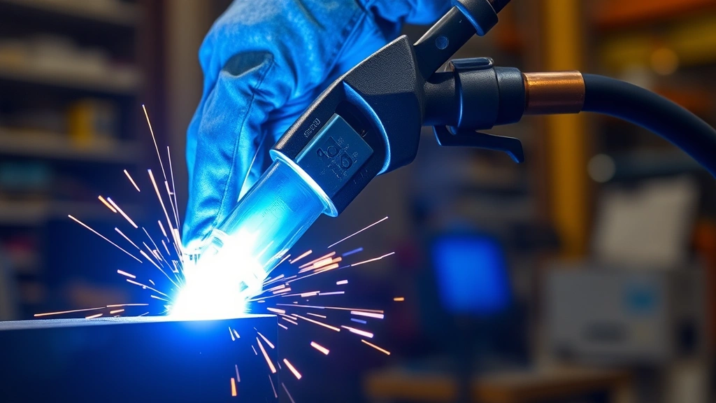 Industrial welding torch with bright blue acetylene flame cutting through steel metal, showing intense heat and precision work in manufacturing facility setting