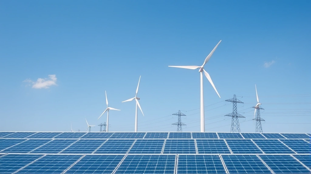 Renewable energy solar panels and wind turbines with electrical transmission lines, symbolizing clean electricity powering future sustainable industrial processes