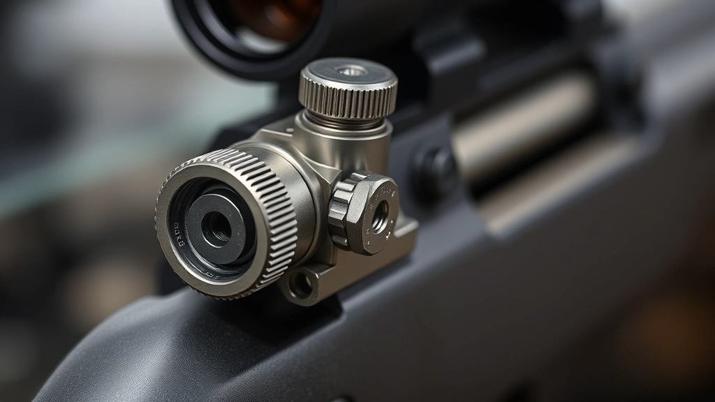 Close-up of precision-engineered adjustable gas block mechanism showing threaded adjustment screw and metal construction, mounted on rifle barrel tube, professional industrial photography style, shallow depth of field highlighting mechanical details and craftsmanship