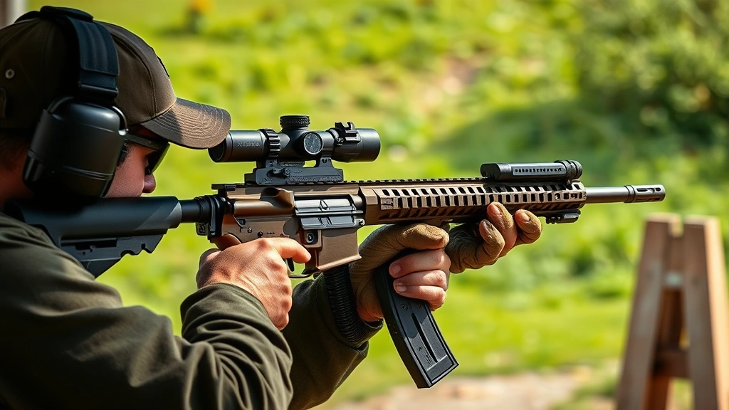 Outdoor shooting range with AR-15 rifle equipped with adjustable gas block, shooter at firing line with natural lighting, demonstrating practical field use, green landscape background, environmental setting emphasizing equipment optimization and responsible use