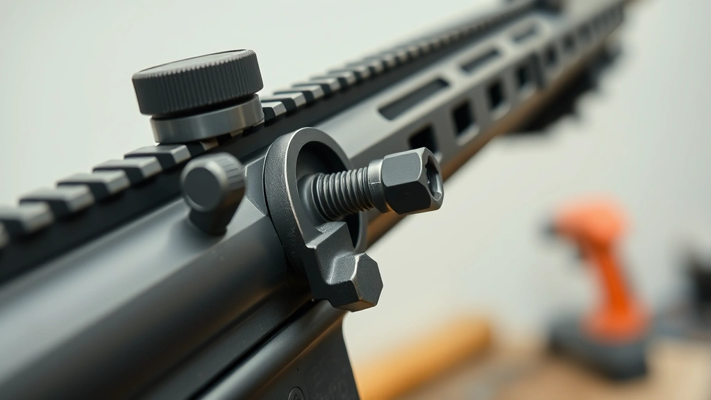 Close-up of an adjustable gas block mechanism on an AR-15 barrel showing the adjustment screw and valve system in detail, professional gunsmith workshop setting with neutral background, macro photography style