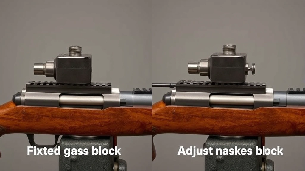 Comparison shot showing a fixed gas block and adjustable gas block side by side on rifle barrels, mounted in a vise, demonstrating structural differences and size, neutral lighting