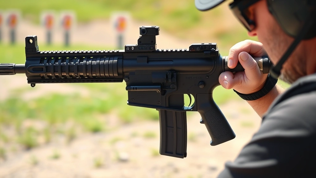 AR-15 rifle at outdoor range with adjustable gas block installed, shooter adjusting the mechanism with an Allen wrench, focus on the adjustment process and block positioning on barrel, natural daylight