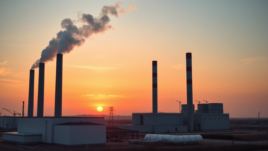 Modern natural gas power plant with tall smokestacks against sunset sky, industrial facility with clean modern architecture, no visible text or signage, photorealistic industrial landscape